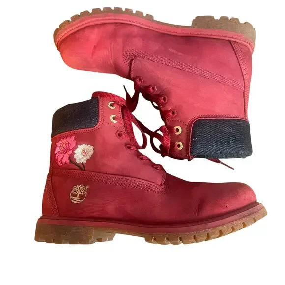 Timberland Red Water Proof Boots with Floral Embroidery **Runs Slightly Small** - Picture 4 of 8